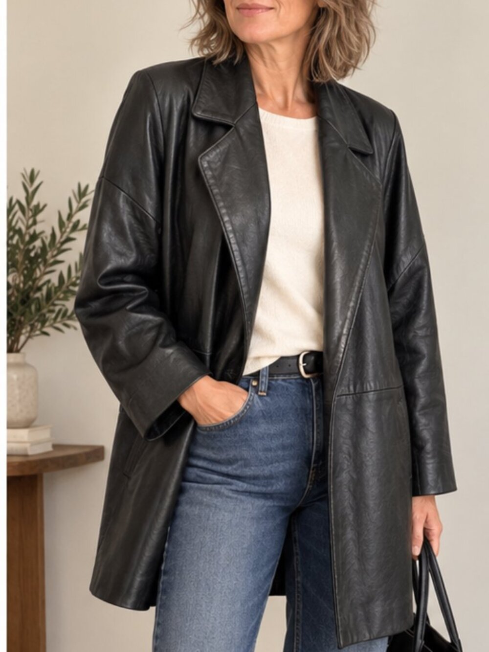 A.D.A. Black Lambskin Leather Coat Paisley Lined Oversized Dolman Style